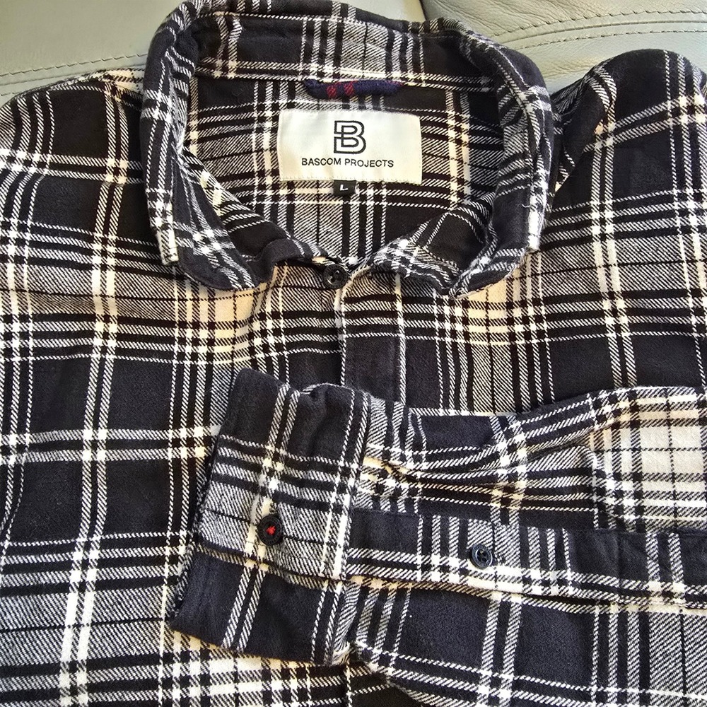 Bascom Projects Mens Black White Plaid Flannel Button Down Shirt Large L Cotton